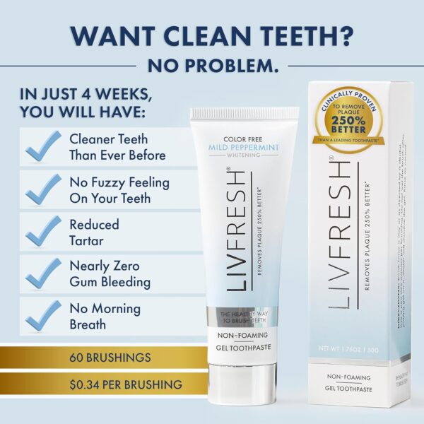 LIVFRESH Toothpaste Gel, Clinically Proven to Remove Plaque 250% Better, Improves Gum Health 190% Better, Prevents & Reduces Tartar, Mild Peppermint