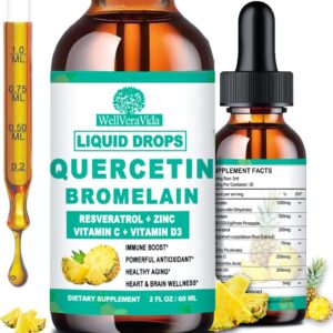 Quercetin with Bromelain Liquid Drops, 4X Stronger Than Capsules & Pills, 7-in-1 Organic Zinc Quercetin 1000mg with Bromelain 500mg Vitamin C D3 Immune Support for Respiratory Health & Antioxidant
