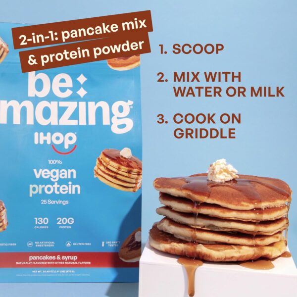 BE AMAZING Vegan Protein Powder, IHOP Pancakes & Syrup, 20g Plant Based Protein with Prebiotic Fiber, Low Carb, Dairy and Gluten Free Shake Mix, No Added Sugar, 29.3 oz, 25 Servings