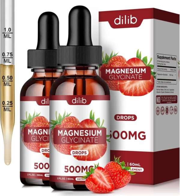 (2 Pack) Magnesium Glycinate Supplement, Liquid Magnesium Glycinate Liquid Drops 500mg-Support Stress Relief, Relaxation, Mood, Sleep, Bone & Muscle-4 Fl Oz, Vegan, Strawberry Flavor
