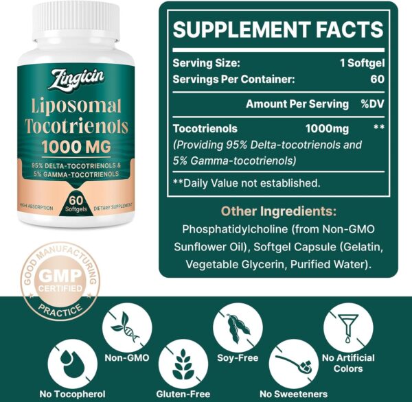 Vitamin E Tocotrienols - Liposomal Tocotrienols Supplement 1000mg, Highly Absorbable Delta Tocotrienol and Gamma Tocotrienol for Bone Health, and Antioxidant Support, 120 Softgels