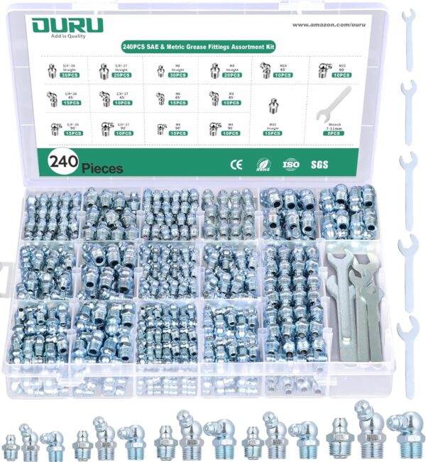 240PCS Grease Fittings Assortment,SAE & Metric Zerk Grease Fittings Straight 45 90 Degree with Wrench Kit(7-11mm) for Grease Gun