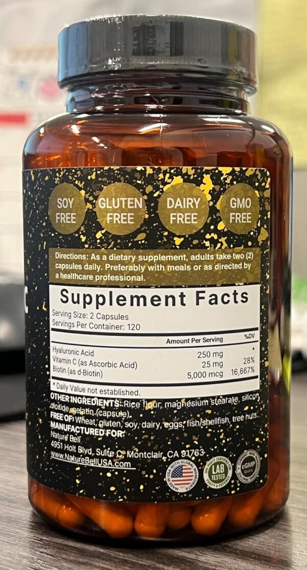 NatureBell Hyaluronic Acid Supplements 250mg | 240 Capsules, with Biotin 5000mcg & Vitamin C 25mg, 3 in 1 Support