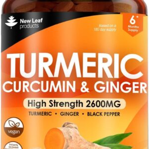 Turmeric Tablets - High Strength Extract with Black Pepper & Ginger (365 Tablets) Active 95% Turmeric Curcumin Supplements, Vegan, GMP, GMO Free Gluten Free, UK Made by New Leaf