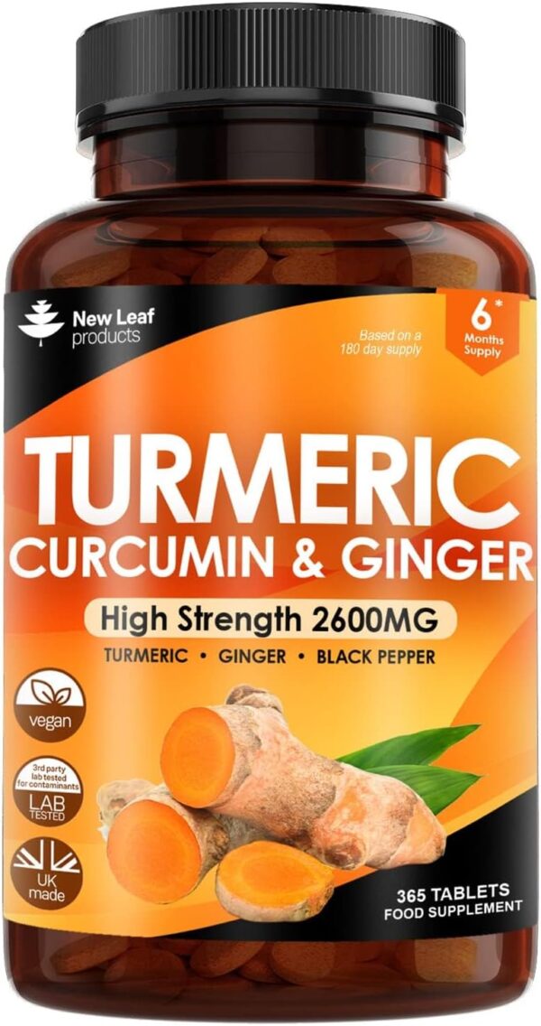 Turmeric Tablets - High Strength Extract with Black Pepper & Ginger (365 Tablets) Active 95% Turmeric Curcumin Supplements, Vegan, GMP, GMO Free Gluten Free, UK Made by New Leaf