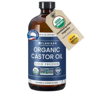 Florisan Organic Castor Oil 16oz Glass Bottle, Cold Pressed, Hexane-Free, Non-GMO, 100% Pure Castor Oil for Hair Growth, Skin, Lashes, Eyebrows, EWG Verified & USDA Organic Certified