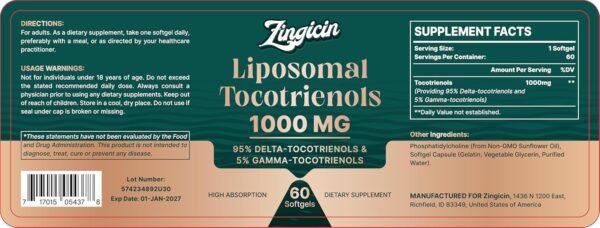 Vitamin E Tocotrienols - Liposomal Vitamin E Oil 1000mg, Highly Absorbable Delta Tocotrienol and Gamma Tocotrienol, 60 Softgels