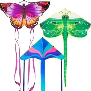 3 Pack Large Kites - Butterfly Delta Dragonfly Kites Easy to Fly for Adults Kids Beach Park Outdoor Game Activities, Gifts for Easter and Festival
