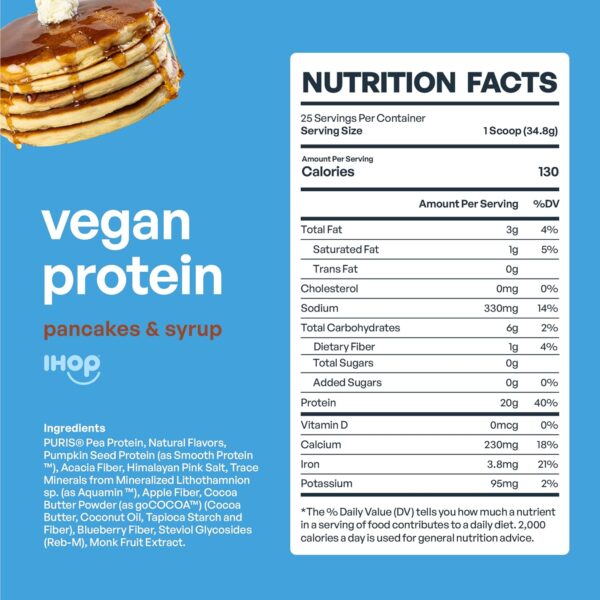 BE AMAZING Vegan Protein Powder, IHOP Pancakes & Syrup, 20g Plant Based Protein with Prebiotic Fiber, Low Carb, Dairy and Gluten Free Shake Mix, No Added Sugar, 29.3 oz, 25 Servings