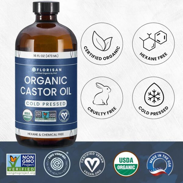 Florisan Organic Castor Oil 16oz Glass Bottle, Cold Pressed, Hexane-Free, Non-GMO, 100% Pure Castor Oil for Hair Growth, Skin, Lashes, Eyebrows, EWG Verified & USDA Organic Certified