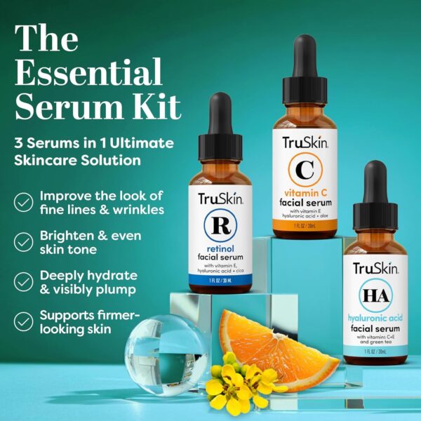 TruSkin Face Serum Trio – Hyaluronic Acid, Vitamin C & Retinol Serum for Face – Anti Aging Skin Care Set for Women – Skincare for Bright, Smooth, Hydrated & Firmer-Looking Skin, 1 fl oz, 3 Bottles