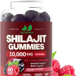 Shilajit Gummies 10,000mg for Men & Women - Maximum Strength Pure Himalayan Shilajit, Gluten-Free, Non-GMO, 100% Vegetarian - Natural Raspberry Flavor - 60 Count