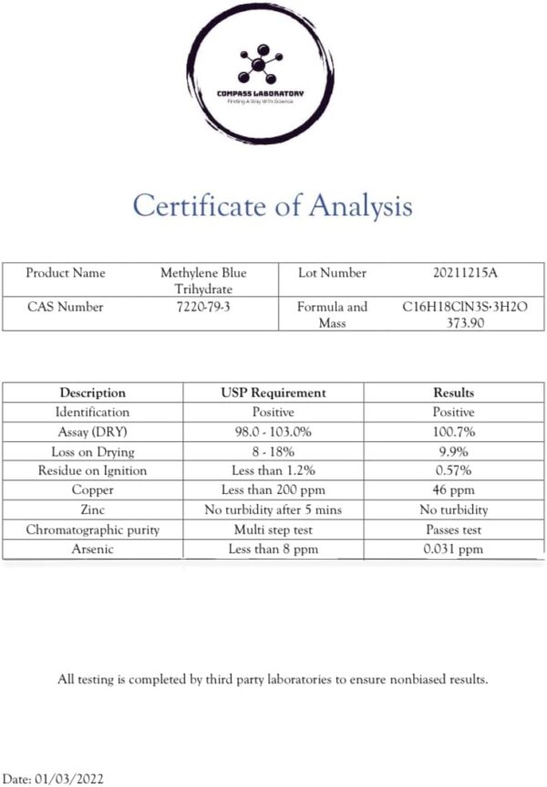 COMPASS LABORATORY Methylene Blue Pharmaceutical Grade, USP Grade, Third-Party Tested Dietary Supplement for Humans, No Formaldehyde, Made in USA (1% 50ml Bottle)
