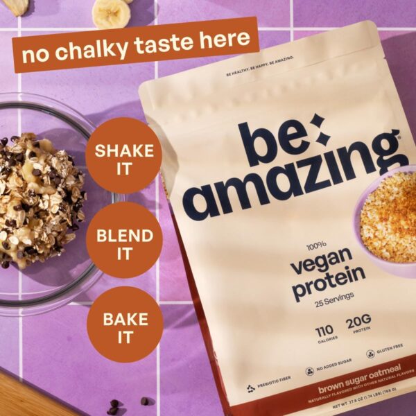 BE AMAZING Vegan Protein Powder, Brown Sugar Oatmeal, 20g Plant Based Protein with Prebiotic Fiber, Low Carb, Dairy and Gluten Free Shake Mix, No Added Sugar, 29.3 oz, 25 Servings