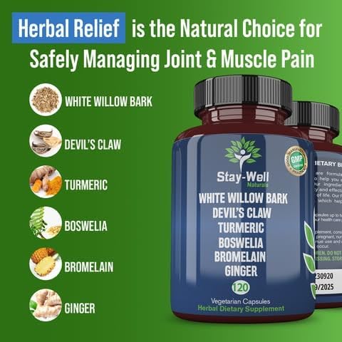 Pain Relief- White Willow Bark Extract, Devil's Claw, Turmeric, Boswellia, Bromelain and Ginger Premium Extract Blend- 120ct