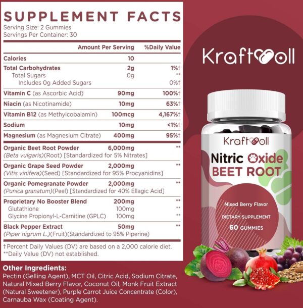 Nitric Oxide Beet Root Gummies with Grapeseed Powder, Pomegranate Powder, Vitamin C & B12 – Sugar-Free, Mixed Berry Flavor – 60 Gummies