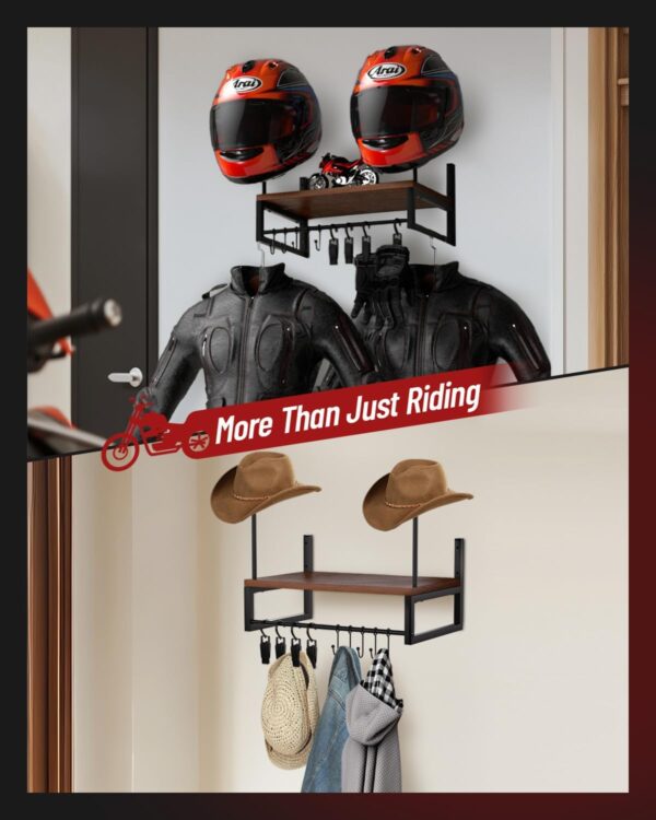 Vieshful Motorcycle Helmet Holder Wall Mount, Helmet Organizer Rack with 1 Layer Wooden Boards and 2 Hat Stands, Helmet Hanger for Motorcycle Accesories Storage with 4 Glove Chips and 5 hooks