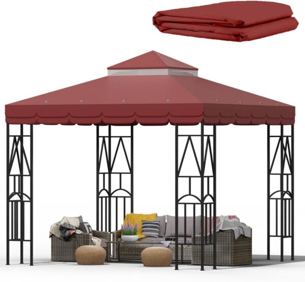 10x10 Canopy Replacement Top Double Tiered Gazebo Cover for Yard, Patio & Garden Durable Sunshade Replacement (Red with lace)