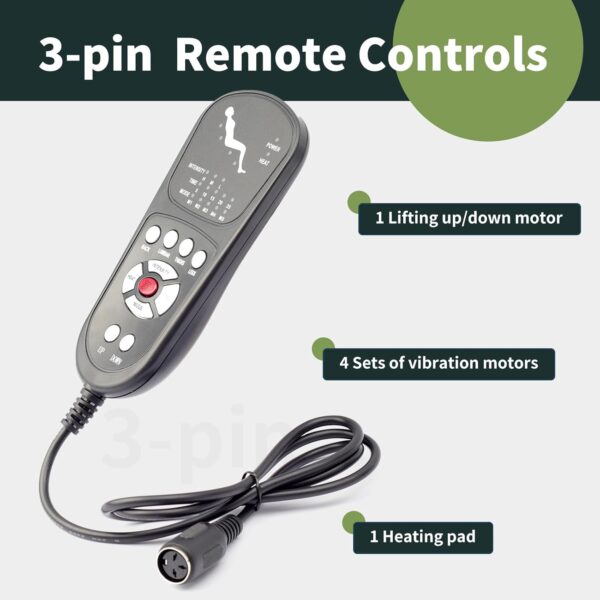 3 Pin Replacement Massage Function Remote Handset Controller for Recliner Lift Chair, Controls 1 Lifting Up/Down Motor 4 Sets of Vibration Motors 1 Heating Pad