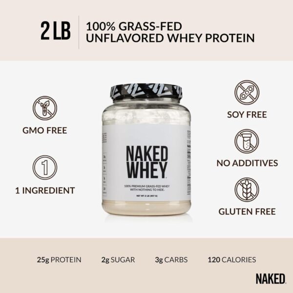 NAKED Whey 2LB 100% Grass Fed Whey Protein Powder - Only 1 Ingredient, Unflavored Whey Protein, Undenatured, Gluten Free, Soy Free, No GMOs, No Preservatives