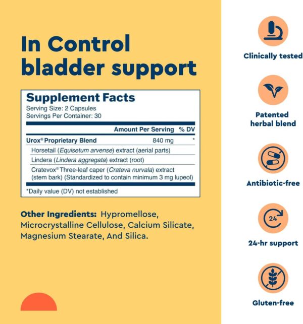 Uqora in Control Bladder Support - Daily Bladder Care & Support for Urinary Comfort - Made with botanicals, Like Horsetail & Spicebush - Gluten-Free & Vegetarian - 60 Capsules
