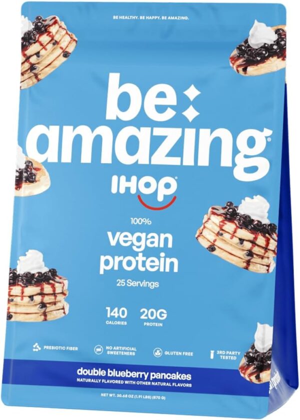 BE AMAZING Vegan Protein Powder, IHOP Double Blueberry Pancakes, 20g Plant Based Protein with Prebiotic Fiber, Low Carb, Dairy and Gluten Free Shake Mix, No Added Sugar, 29.3 oz, 25 Servings