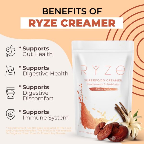 RYZE SUPERFOODS Probiotic Coffee Creamer with 6 Organic Adaptogenic Mushrooms & Probiotics for Energy, Focus, Digestion with USA Grown Turkey Tail, Shiitake, Lions Mane, Reishi, Gluten Free 30 serving