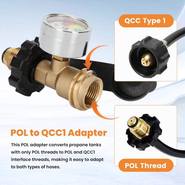 100 lb Propane Tank Gauge Adapter Converts POL LP Tank Valve to QCC1, Upgrade Propane Gauge for 100 lb Tank, POL to QCC1 Propane Tank Adapter for Heater, BBQ Gas Grill - Old to New Type,1 Pack
