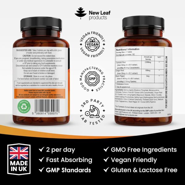 Turmeric Tablets - High Strength Extract with Black Pepper & Ginger (365 Tablets) Active 95% Turmeric Curcumin Supplements, Vegan, GMP, GMO Free Gluten Free, UK Made by New Leaf