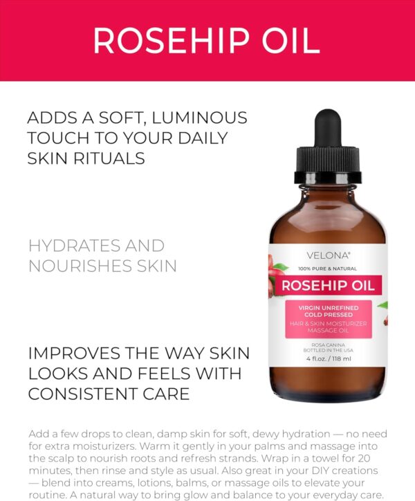 velona Rosehip Oil - 4 Fl Oz | 100% Pure and Natural Carrier Oil| Unrefined, Cold Pressed, Hexane Free | Moisturizing Face, Hair, Body, Skin Care, Stretch Marks, Scars…