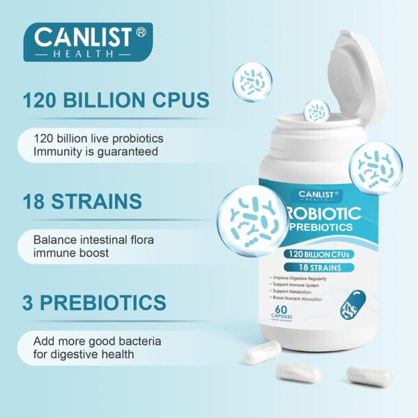 Probiotics 120 Billion CFUs 18 Strains, 3 Prebiotics & Digestive Enzymes for Men Women,Digestive & Immune Support,Shelf Stable Non-GMO 60 Capsules