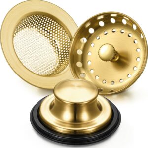 Mudder 3件厨房水槽排水管滤网和塞子不锈钢垃圾处理塞带手柄通用防堵塞厨房水槽滤网篮滤网(仿古金)