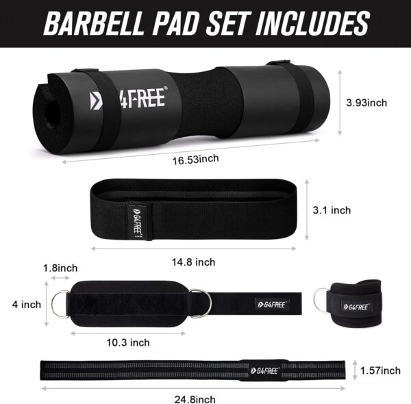 G4Free 9Pcs Barbell Pad Set for Squat, Hip Thrusts, Lunges, Leg day, Standard Olympic Bars with 2 Gym Ankle Safety Straps, 3 Hip Resistance Bands, 2 Lifting Strap, Barbell Pad, and Carry Bag