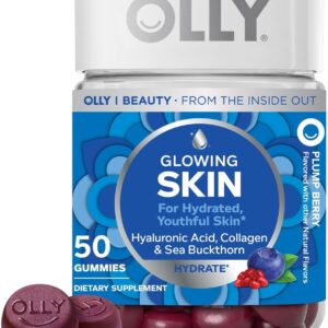 OLLY Glowing Skin Gummy, Hydrated & Youthful Skin,* Hyaluronic Acid, Collagen Peptides, Sea Buckthorn, Plump Berry Flavor, 25 Day Supply - 50 Count