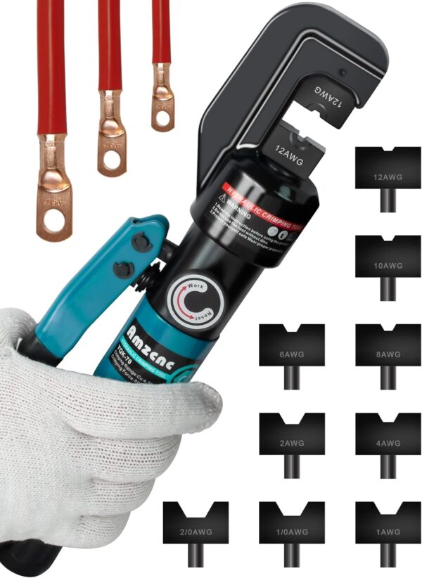 AMZCNC Hydraulic Crimping Tool with 9 Sets of American Standard Dies Battery Terminal Crimper Battery Cable Crimper (Standard US 12 AWG to 2/0 AWG)