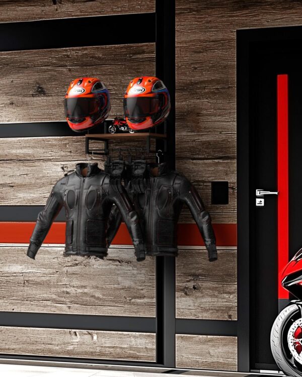 Vieshful Motorcycle Helmet Holder Wall Mount, Helmet Organizer Rack with 1 Layer Wooden Boards and 2 Hat Stands, Helmet Hanger for Motorcycle Accesories Storage with 4 Glove Chips and 5 hooks