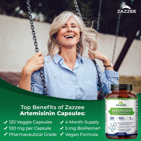 Zazzee High Absorption Artemisinin, 100 mg per Capsule, 120 Vegan Capsules, with 5 mg BioPerine for Maximum Absorption, Sweet Wormwood Extract, 4 Month Supply, All-Natural and Non-GMO