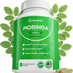 Rosabella Moringa Capsules - Pure Moringa Powder, Energy, Skin, Immune & Gut Health Superfood, Rich in Antioxidants, Essential Vitamins & Amino Acids, Natural Green Superfood Supplement - 60 Count