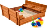 Best Choice Products Kids' Outdoor Wooden Sandbox Large, Cedar Wood with Foldable Bench Seats and Sand Protection, Bottom Liner Included - Brown