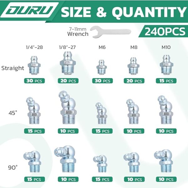 240PCS Grease Fittings Assortment,SAE & Metric Zerk Grease Fittings Straight 45 90 Degree with Wrench Kit(7-11mm) for Grease Gun