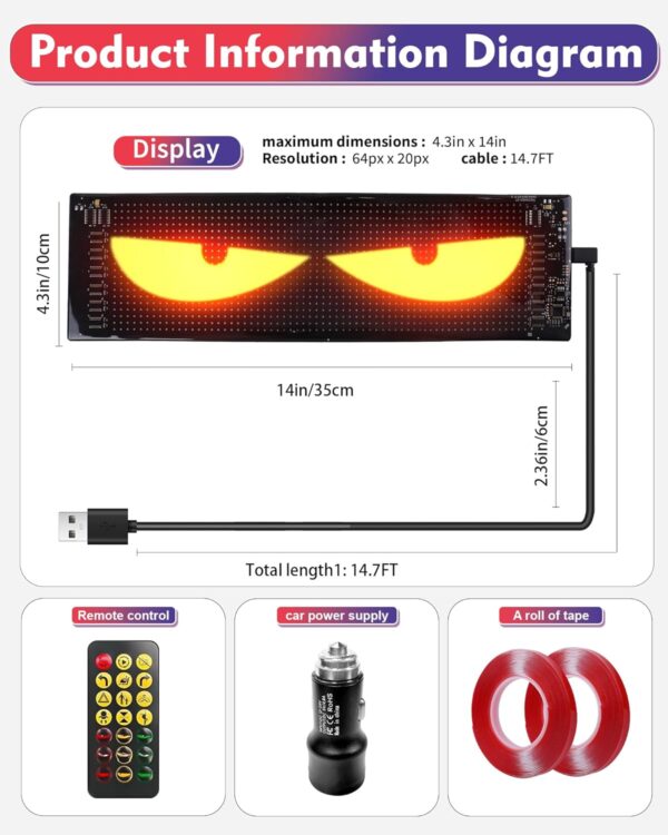 Devil's Eye 2pcs:14"x4.3" Programmable ojos led para carro Windshield Display for Sedans, SUVs & Medium Trucks - USB-Powered LED Matrix Panel