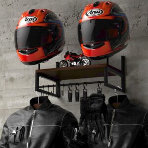 Vieshful Motorcycle Helmet Holder Wall Mount, Helmet Organizer Rack with 1 Layer Wooden Boards and 2 Hat Stands, Helmet Hanger for Motorcycle Accesories Storage with 4 Glove Chips and 5 hooks