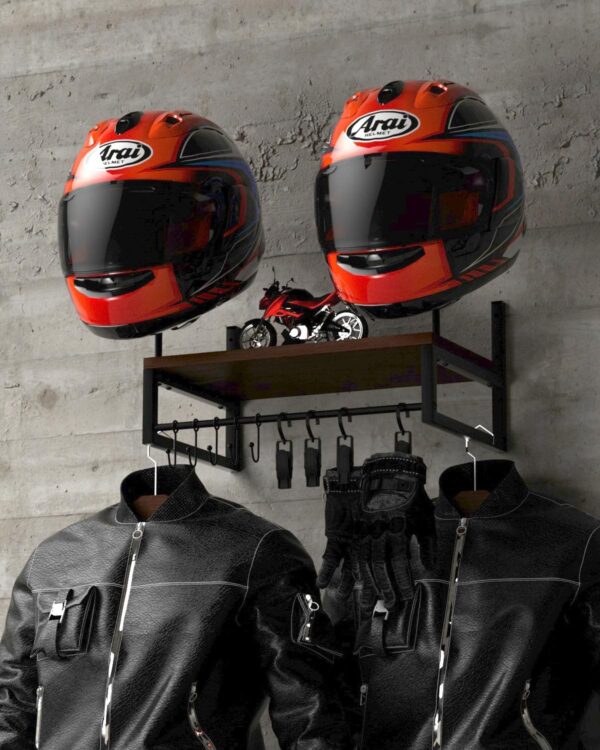 Vieshful Motorcycle Helmet Holder Wall Mount, Helmet Organizer Rack with 1 Layer Wooden Boards and 2 Hat Stands, Helmet Hanger for Motorcycle Accesories Storage with 4 Glove Chips and 5 hooks