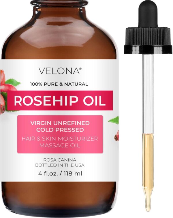 velona Rosehip Oil - 4 Fl Oz | 100% Pure and Natural Carrier Oil| Unrefined, Cold Pressed, Hexane Free | Moisturizing Face, Hair, Body, Skin Care, Stretch Marks, Scars…