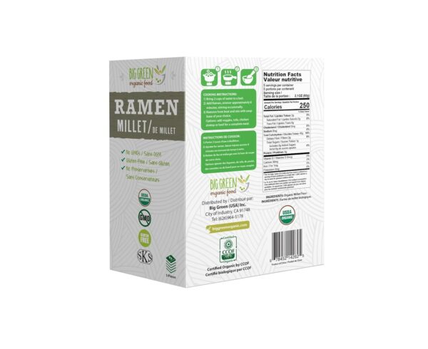 Big Green Organic Food- Organic Millet Ramen, Gluten-Free, Lectin-Free, Non-GMO, Vegan, Wheat and Rice Alternative (2.11 Ounce (5 Pieces))