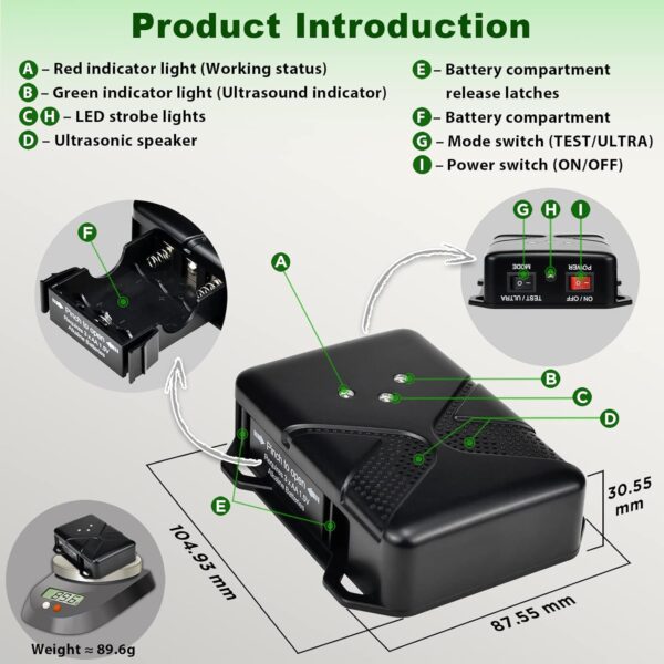 Ultrasonic Rodent Repellent for Car Engine – Battery Powered Under Hood Mouse Repeller with Flashing Strobe Light, Keeps Rats and Mice Away from Vehicle, Automobile, Truck, Garage, Attic, Barn, Shed