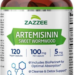 Zazzee High Absorption Artemisinin, 100 mg per Capsule, 120 Vegan Capsules, with 5 mg BioPerine for Maximum Absorption, Sweet Wormwood Extract, 4 Month Supply, All-Natural and Non-GMO