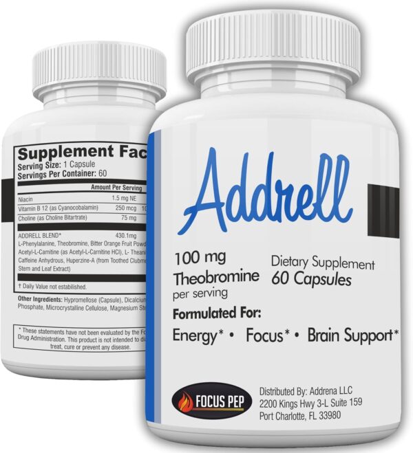 Addrell Energy Stimulant Pills- Natural Nootropic Brain Supplement Alternative Pill & Study Supplements Substitute to Elevate Mental Clarity for Women & Men OTC- 60 Mind Booster Capsules
