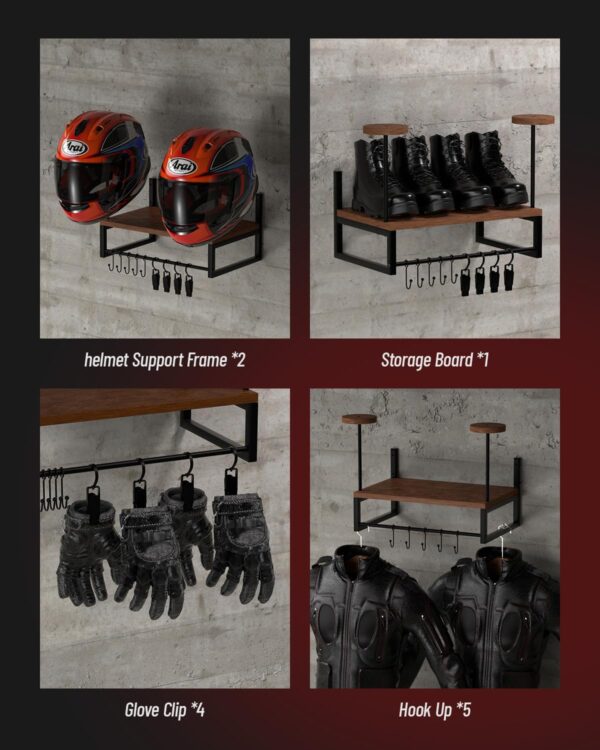 Vieshful Motorcycle Helmet Holder Wall Mount, Helmet Organizer Rack with 1 Layer Wooden Boards and 2 Hat Stands, Helmet Hanger for Motorcycle Accesories Storage with 4 Glove Chips and 5 hooks