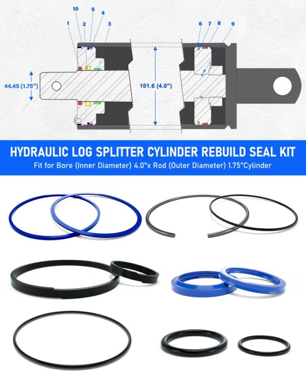 Hydraulic Log Splitter Cylinder Rebuild Seal Kit for 4.0"Bore x 1.75" Rod Cylinder, Dirty Hands Tools Huskee Log Splitter Parts Hydraulic Cylinder Rebuild Kit (Pack of 11)